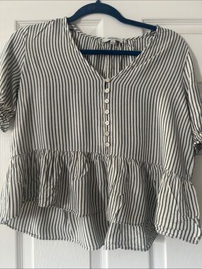 Madewell Navy & White Striped Ruffle Button-Front Blouse